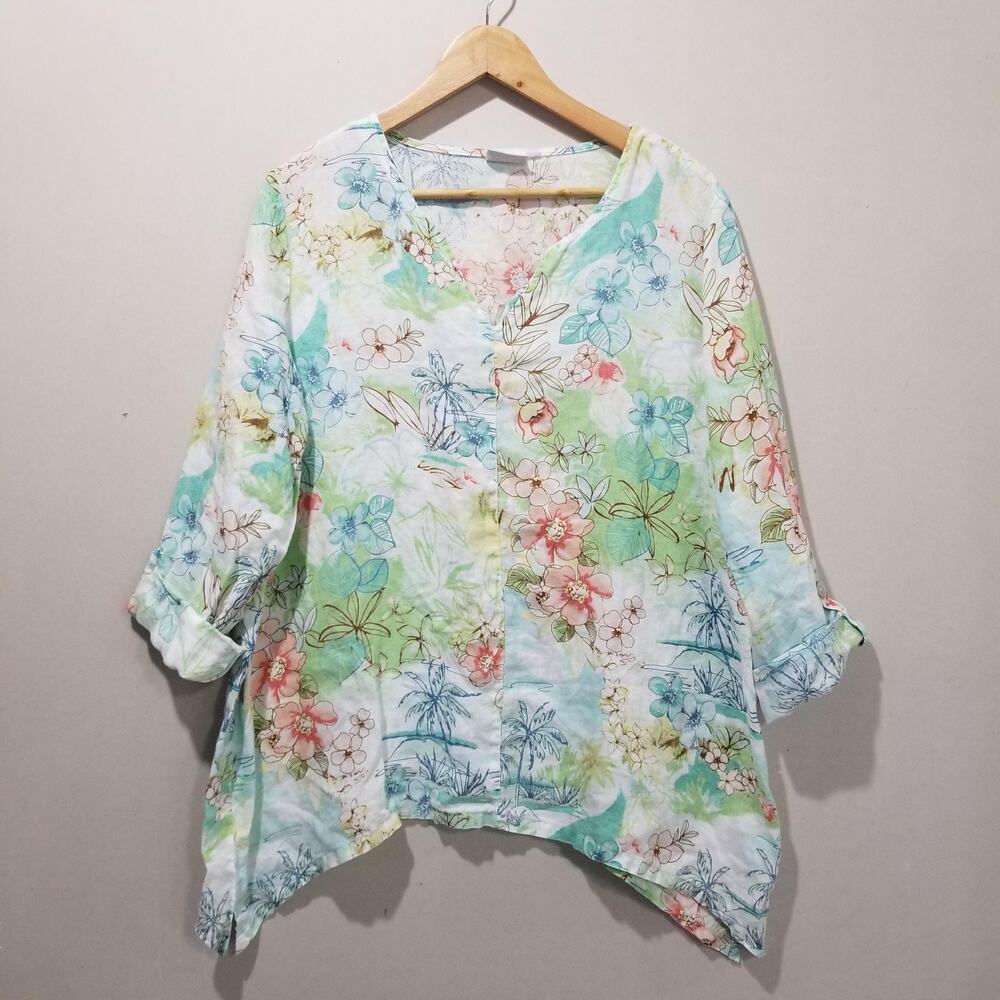 Hot Cotton Tunic Top Womens Large Linen Tropical Floral Roll Tab Sleeve Made USA